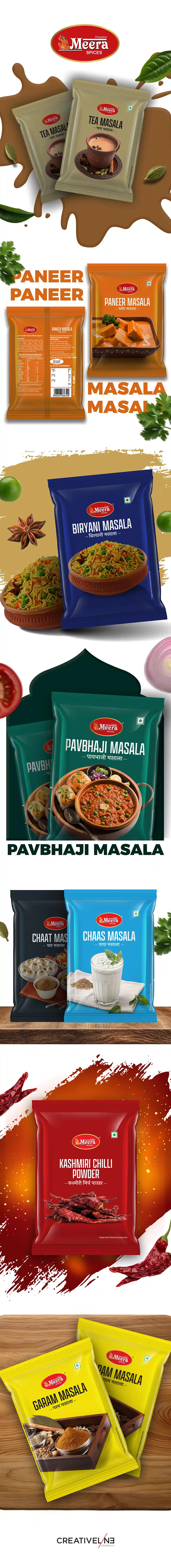 **Meera Spices – Masala Packaging Design** For *Meera Spices*, a growing **masala brand**, **Creativeline** developed a distinctive **packaging design** crafted to highlight authenticity, aroma, and everyday usability. As a trusted **packaging design agency in Ahmedabad & Gandhinagar, India**, our focus was to create a visually impactful and scalable design system for their spice range. The design approach uses bold color coding, clean layouts, and strong visual hierarchy to ensure easy product identification across SKUs. Each pack is designed to enhance shelf visibility while communicating freshness and quality to consumers. This project reflects our expertise in **spices packaging design, masala packaging design, food packaging design, FMCG packaging design, and retail packaging solutions**, helping brands build strong presence in competitive markets. At **Creativeline**, we deliver **strategic packaging design solutions** that combine creativity with functionality to create lasting brand impact.