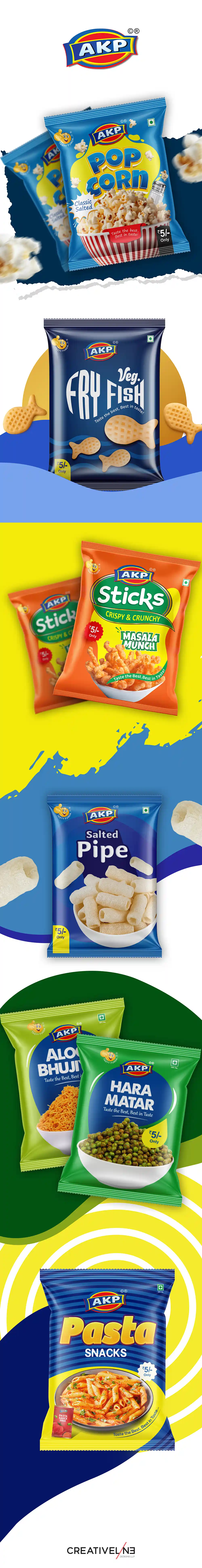 **AKP – Snack Packaging Design** For *AKP*, an Indian snack brand offering a variety of **fryums and namkeen**, **Creativeline** developed a vibrant and high-impact **packaging design system** tailored for the mass retail market. As a leading **packaging design agency in Ahmedabad & Gandhinagar, India**, our focus was to create packaging that instantly grabs attention and drives impulse purchase. The design direction leverages bold colors, dynamic layouts, and appetizing visuals to reflect the fun, crunchy, and flavorful nature of the products. Clear product segmentation and strong branding ensure easy recognition across different SKUs. This project showcases our expertise in **namkeen packaging design, fryums packaging design, snack packaging design, FMCG packaging design, and retail packaging solutions**, helping brands stand out in crowded retail environments. At **Creativeline**, we craft **consumer-focused packaging designs** that not only look appealing but also perform effectively in the market.