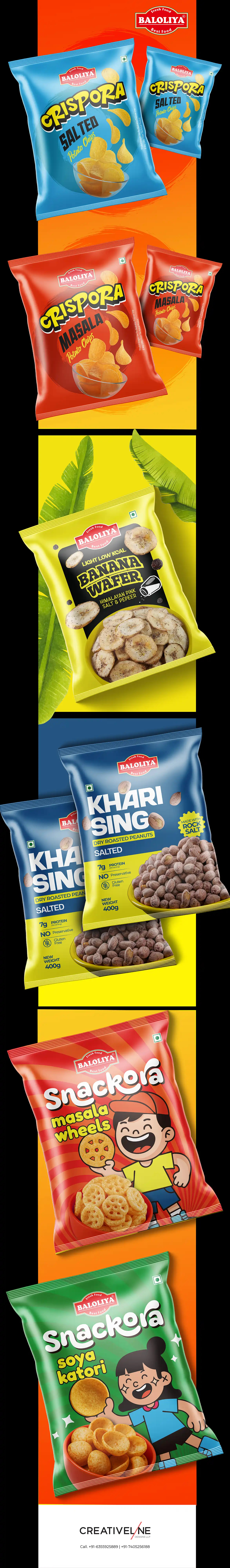 At Creativeline, a creative branding and packaging design agency in Gandhinagar, India, we developed the packaging design for Baloliya, a traditional snack brand offering a variety of namkeen, fryums, and savory Indian snacks. The objective was to create bold, vibrant, and appetizing FMCG packaging design that captures the rich flavors and crunchy appeal of the products while ensuring strong shelf visibility. The design blends traditional elements with a modern aesthetic to attract a wide range of consumers and enhance brand recall. As a trusted logo design, packaging design, and branding agency serving Gandhinagar and Ahmedabad, Creativeline specializes in building impactful food brands through strategic design and strong visual identity systems.