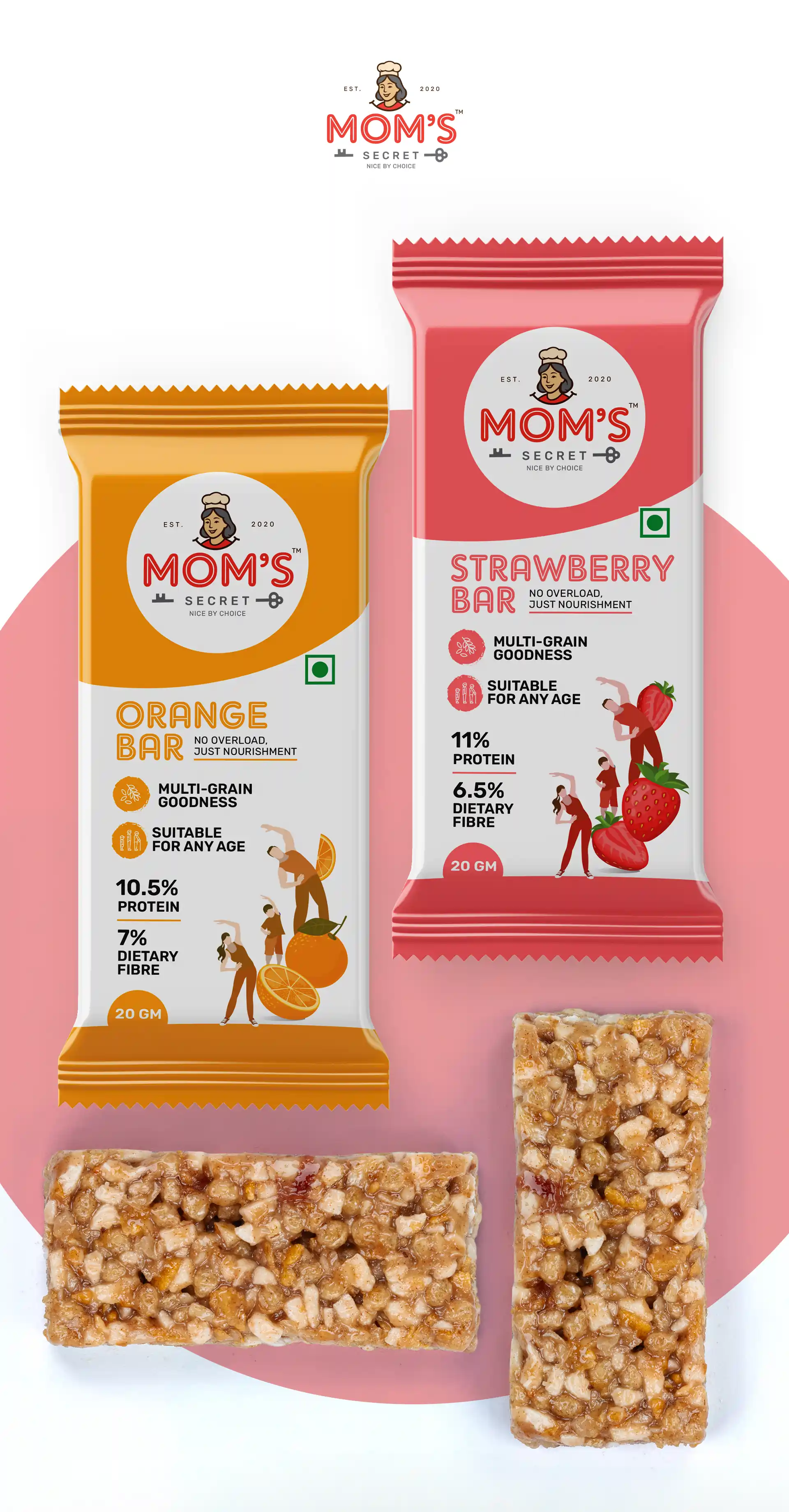 Mom’s Secret – Logo & Packaging Design At Creativeline, a creative branding and packaging design agency in Gandhinagar, India, we developed the logo design and packaging design for Mom’s Secret, a new-age energy bar brand crafted for everyone—not just gym enthusiasts. The objective was to create a fresh, approachable, and health-focused brand identity that reflects everyday nutrition, taste, and convenience. The logo and packaging design were designed to appeal to a wide audience, positioning the product as a go-to protein bar and healthy snack bar for daily consumption. This project highlights our expertise in protein bar packaging design, healthy bar branding, snack packaging design, food packaging design, and FMCG packaging design, helping the brand stand out in the growing health and wellness market. As a trusted branding, logo design, and packaging design agency serving Gandhinagar and Ahmedabad, Creativeline specializes in building impactful food and lifestyle brands through strategic design and compelling visual storytelling.
