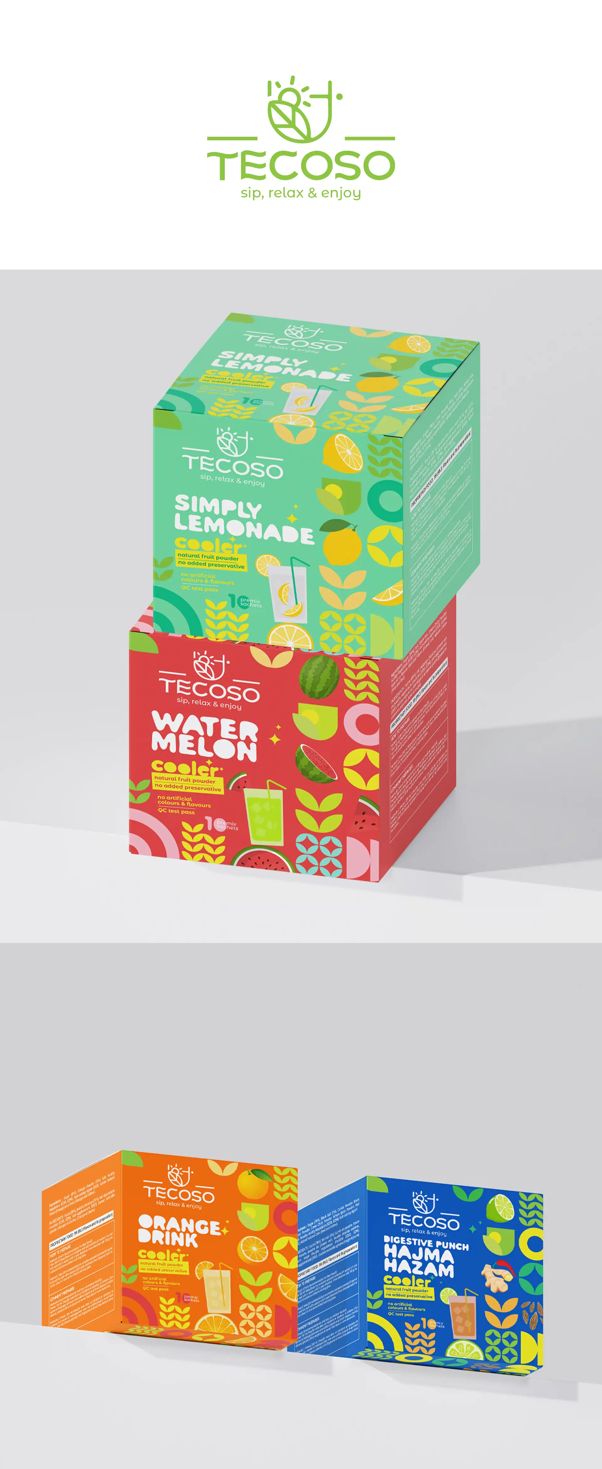 **Tecoso – Packaging Design** At **Creativeline**, a creative **branding and packaging design agency in Gandhinagar, India**, we developed the **packaging design** for *Tecoso*, a new-age beverage brand offering a variety of drinks including **iced tea, milkshakes, coffee, mocktails, and coolers**. The objective was to create vibrant and refreshing **FMCG packaging design** that reflects energy, flavor, and modern lifestyle appeal. The design approach focuses on strong shelf presence, clear product differentiation, and a contemporary visual identity suited for a wide range of beverage categories. This project highlights our expertise in **beverage packaging design, premix packaging design, iced tea packaging, coffee packaging design, and FMCG packaging design**, helping the brand stand out in a competitive market. As a trusted **branding and packaging design agency serving Gandhinagar and Ahmedabad**, **Creativeline** specializes in building impactful beverage brands through strategic design and compelling visual storytelling.
