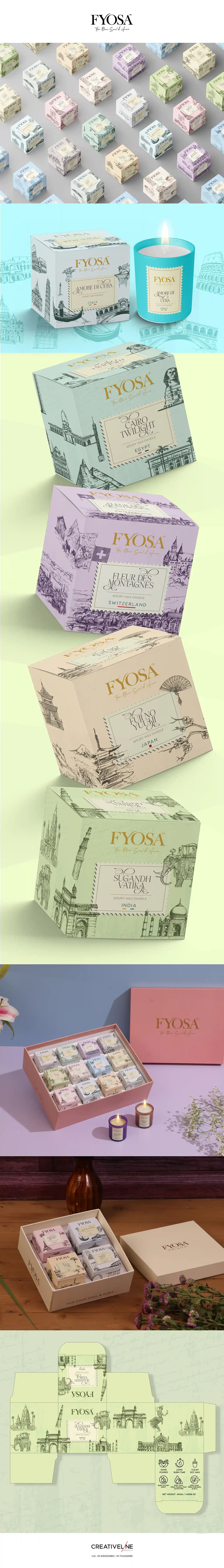 At Creativeline, a creative branding and packaging design agency in Gandhinagar, India, we developed the packaging design for Fyosa, a luxury scented candle brand crafted to elevate ambiance and sensory experiences. The objective was to create an elegant and minimal packaging design that reflects sophistication, calmness, and premium quality. The design approach focuses on refined aesthetics, subtle color palettes, and a luxurious feel to enhance gifting appeal and create a strong visual presence. As a leading branding and packaging design agency serving Gandhinagar and Ahmedabad, Creativeline specializes in building premium lifestyle brands through thoughtful design and impactful visual storytelling.
