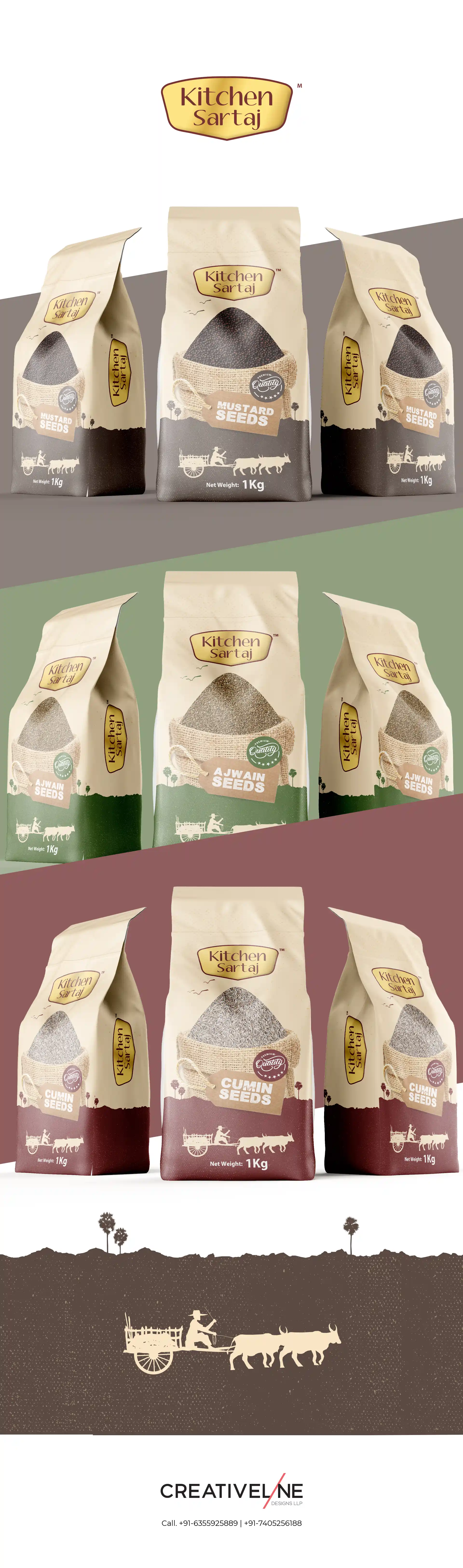 **Kitchen Sartaj – Packaging Design** At **Creativeline**, a creative **branding and packaging design agency in Gandhinagar, India**, we developed the **packaging design** for *Kitchen Sartaj*, a brand offering high-quality **spice seeds** such as **mustard seeds, cumin seeds, and ajwain seeds**. The objective was to create clean, authentic, and visually appealing **FMCG packaging design** that reflects purity, freshness, and everyday usability. The design approach focuses on clear product visibility, organized layouts, and a consistent identity across the product range to enhance shelf impact. This project showcases our expertise in **spices packaging design, seed packaging design, masala packaging design, food packaging design, and FMCG packaging design**, helping the brand stand out in a competitive grocery market. As a trusted **branding and packaging design agency serving Gandhinagar and Ahmedabad**, **Creativeline** specializes in building impactful food brands through strategic design and compelling visual storytelling.