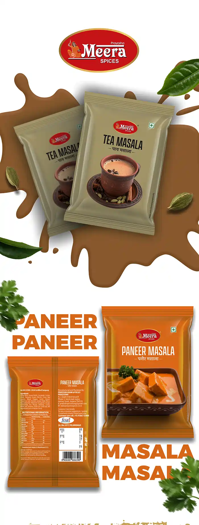 **Meera Spices – Masala Packaging Design** For *Meera Spices*, a growing **masala brand**, **Creativeline** developed a distinctive **packaging design** crafted to highlight authenticity, aroma, and everyday usability. As a trusted **packaging design agency in Ahmedabad & Gandhinagar, India**, our focus was to create a visually impactful and scalable design system for their spice range. The design approach uses bold color coding, clean layouts, and strong visual hierarchy to ensure easy product identification across SKUs. Each pack is designed to enhance shelf visibility while communicating freshness and quality to consumers. This project reflects our expertise in **spices packaging design, masala packaging design, food packaging design, FMCG packaging design, and retail packaging solutions**, helping brands build strong presence in competitive markets. At **Creativeline**, we deliver **strategic packaging design solutions** that combine creativity with functionality to create lasting brand impact.