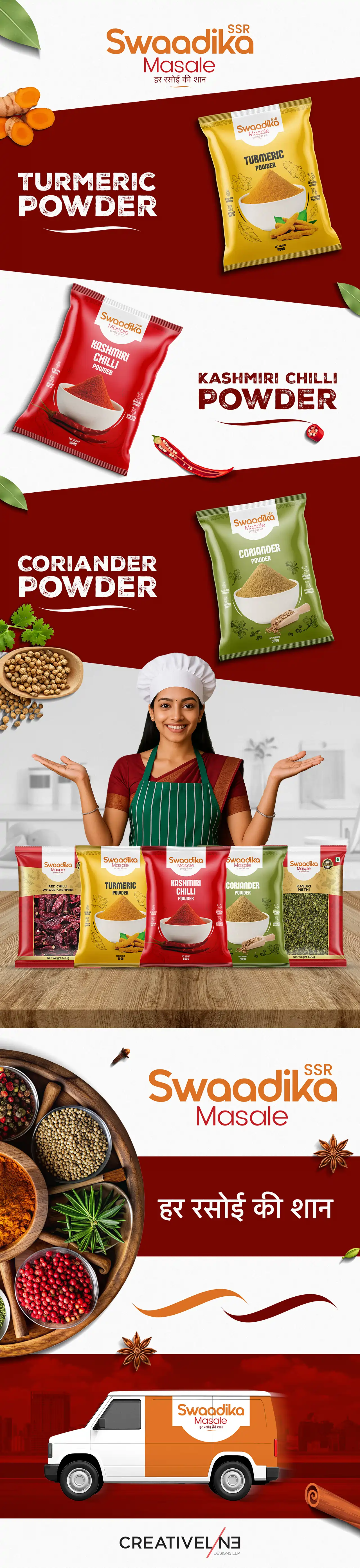 **Swaadika Masala – Logo & Packaging Design** For *Swaadika Masala*, a growing **spices brand**, **Creativeline** delivered a complete **logo design and packaging design solution** crafted to reflect authenticity and bold Indian flavors. As a creative **branding and packaging design agency in Ahmedabad & Gandhinagar, India**, our focus was to build a strong and memorable identity in the competitive masala market. The design approach combines vibrant color coding, expressive typography, and rich visual elements to highlight the intensity and aroma of spices. The **logo and packaging system** were designed to ensure easy product recognition while maintaining consistency across the entire product range. This project highlights our expertise in **spices packaging design, masala packaging design, food branding, logo design, FMCG packaging design, and retail packaging solutions**, helping brands create strong shelf presence and consumer recall. At **Creativeline**, we specialize in building impactful food brands through **strategic branding, logo design, and high-performance packaging design** tailored for modern markets.