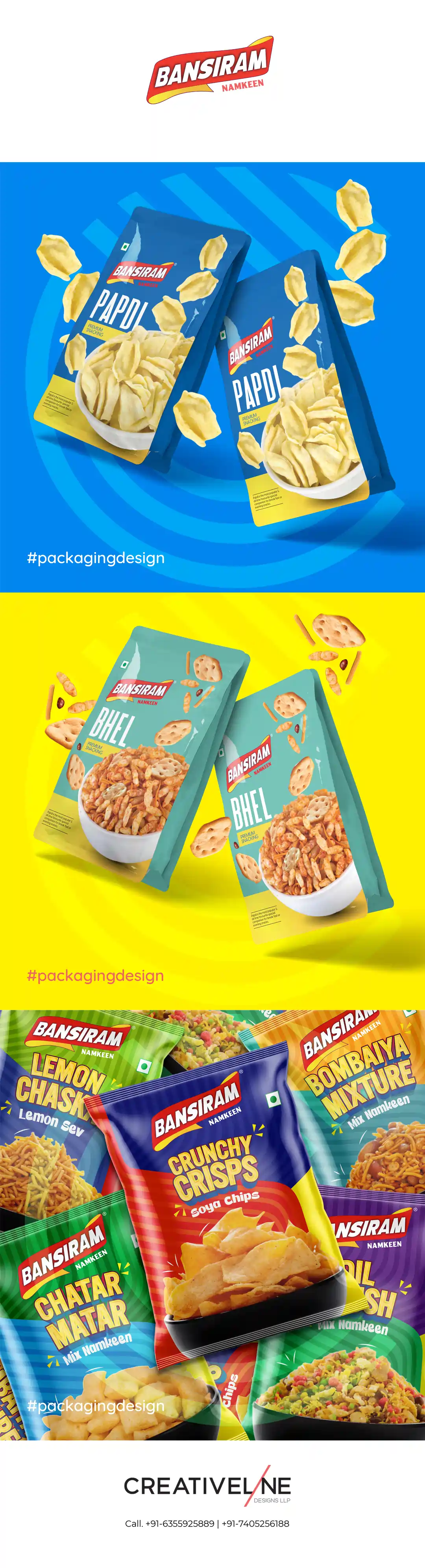 **Bansiram – Namkeen Packaging Design** For *Bansiram*, a traditional Indian snack brand, **Creativeline** crafted a dynamic and retail-focused **namkeen packaging design** that captures the essence of taste and crunch. As a leading **packaging design agency in Ahmedabad & Gandhinagar, India**, our goal was to create packaging that stands out in crowded snack aisles. The design approach focuses on bold color palettes, engaging visuals, and a strong visual hierarchy to instantly attract attention. Each pack is designed to highlight flavor, freshness, and variety, ensuring clear product differentiation across SKUs. This project showcases our expertise in **namkeen packaging design, snack packaging design, fryums packaging, food packaging design, FMCG packaging design, and retail packaging solutions**, helping brands drive visibility and consumer appeal. At **Creativeline**, we deliver **high-impact packaging design solutions** that blend creativity with strategy to create memorable and market-ready brands.