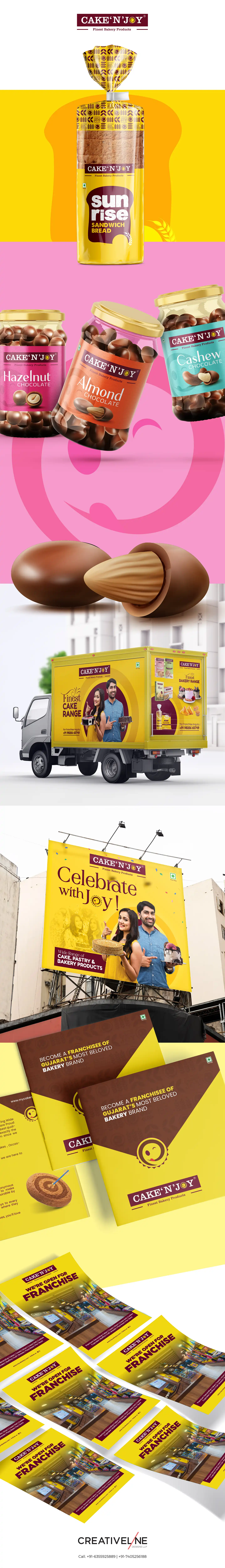 At Creativeline, a creative branding and packaging design agency in Gandhinagar, India, we developed the logo design and packaging design for Cake ’N’ Joy, a premium cake store and bakery brand offering delightful desserts and baked treats. The objective was to create a visually appealing and elegant brand identity that reflects sweetness, celebration, and indulgence. The logo and packaging design combine a modern aesthetic with a premium feel, ensuring strong brand recall and an inviting presence across store branding, takeaway packaging, and marketing materials. As a trusted branding, logo design, and packaging design agency serving Gandhinagar and Ahmedabad, Creativeline specializes in building memorable food and bakery brands through strategic design and impactful visual storytelling.