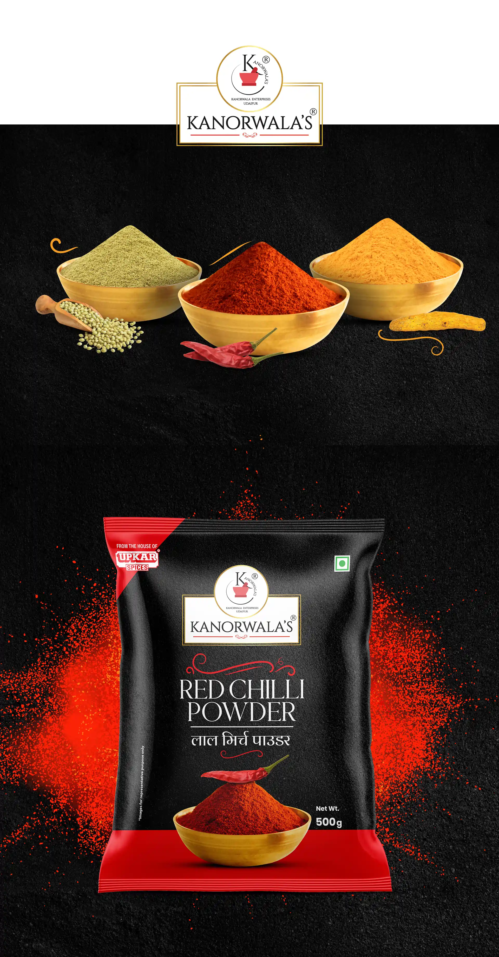 **Kanorwala’s – Packaging Design** At **Creativeline**, a creative **branding and packaging design agency in Gandhinagar, India**, we developed the **packaging design** for *Kanorwala’s*, a spices brand offering essential products like **chilli powder, turmeric powder, and coriander powder**. The objective was to create bold and authentic **FMCG packaging design** that reflects the richness, purity, and aroma of Indian spices. The design approach focuses on strong shelf appeal, vibrant color coding for easy product identification, and clear communication to enhance consumer trust. This project highlights our expertise in **spices packaging design, masala packaging design, food packaging design, FMCG packaging design, and retail packaging design**, helping the brand stand out in a competitive market. As a trusted **branding and packaging design agency serving Gandhinagar and Ahmedabad**, **Creativeline** specializes in building impactful food brands through strategic design and compelling visual storytelling.