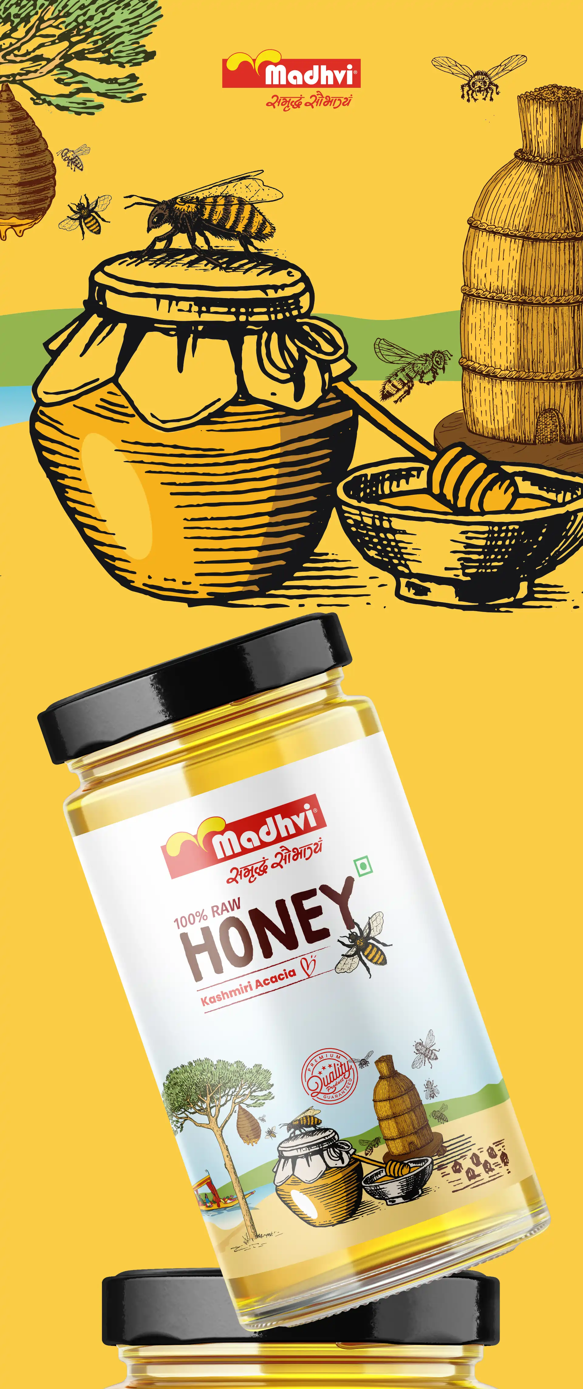 **Madhvi Dairy – Kashmir Honey Packaging Design** For *Madhvi Dairy*, **Creativeline** crafted a premium **honey packaging design** for their **Kashmir honey**, focusing on purity, origin, and authenticity. As a creative **packaging design agency in Ahmedabad and Gandhinagar, India**, our approach was to reflect the richness and natural essence of honey sourced from the pristine regions of Kashmir. The design direction blends elegance with a nature-inspired aesthetic, using warm tones, refined typography, and subtle visual storytelling to communicate quality and trust. The packaging not only enhances shelf appeal but also positions the product as a premium and authentic choice for consumers. This project showcases our expertise in **honey packaging design, food packaging design, premium packaging, FMCG packaging design, and natural product branding**, helping brands elevate their market presence. At **Creativeline**, we specialize in delivering **strategic packaging design and branding solutions** that connect products with consumers through impactful and meaningful design.