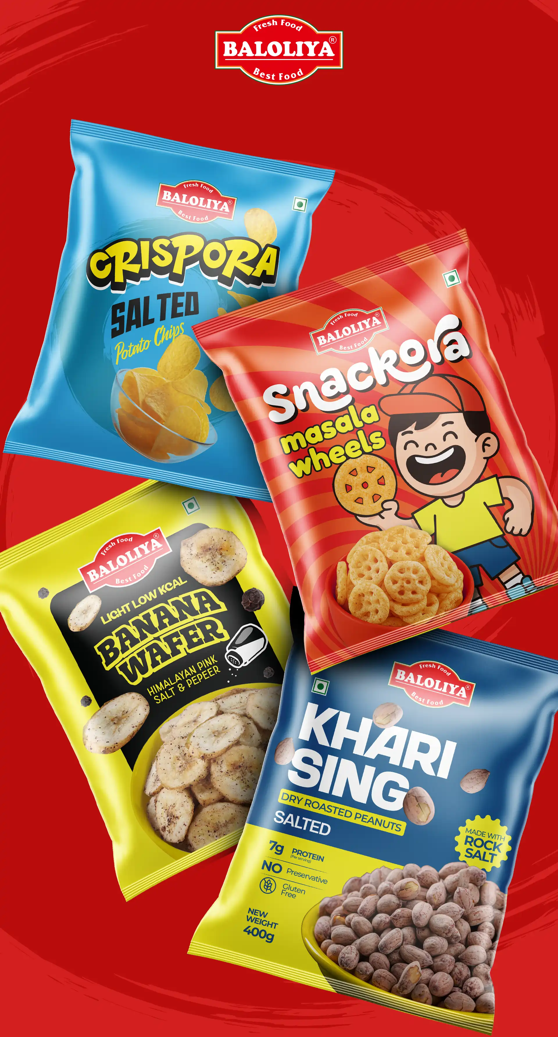 At Creativeline, a creative branding and packaging design agency in Gandhinagar, India, we developed the packaging design for Baloliya, a traditional snack brand offering a variety of namkeen, fryums, and savory Indian snacks. The objective was to create bold, vibrant, and appetizing FMCG packaging design that captures the rich flavors and crunchy appeal of the products while ensuring strong shelf visibility. The design blends traditional elements with a modern aesthetic to attract a wide range of consumers and enhance brand recall. As a trusted logo design, packaging design, and branding agency serving Gandhinagar and Ahmedabad, Creativeline specializes in building impactful food brands through strategic design and strong visual identity systems.