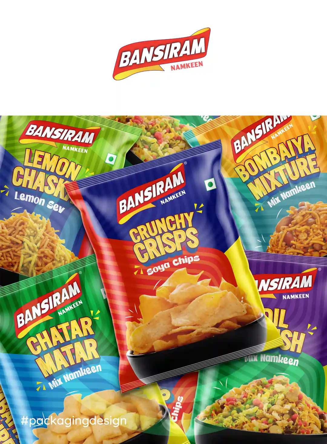 **Bansiram – Namkeen Packaging Design** For *Bansiram*, a traditional Indian snack brand, **Creativeline** crafted a dynamic and retail-focused **namkeen packaging design** that captures the essence of taste and crunch. As a leading **packaging design agency in Ahmedabad & Gandhinagar, India**, our goal was to create packaging that stands out in crowded snack aisles. The design approach focuses on bold color palettes, engaging visuals, and a strong visual hierarchy to instantly attract attention. Each pack is designed to highlight flavor, freshness, and variety, ensuring clear product differentiation across SKUs. This project showcases our expertise in **namkeen packaging design, snack packaging design, fryums packaging, food packaging design, FMCG packaging design, and retail packaging solutions**, helping brands drive visibility and consumer appeal. At **Creativeline**, we deliver **high-impact packaging design solutions** that blend creativity with strategy to create memorable and market-ready brands.