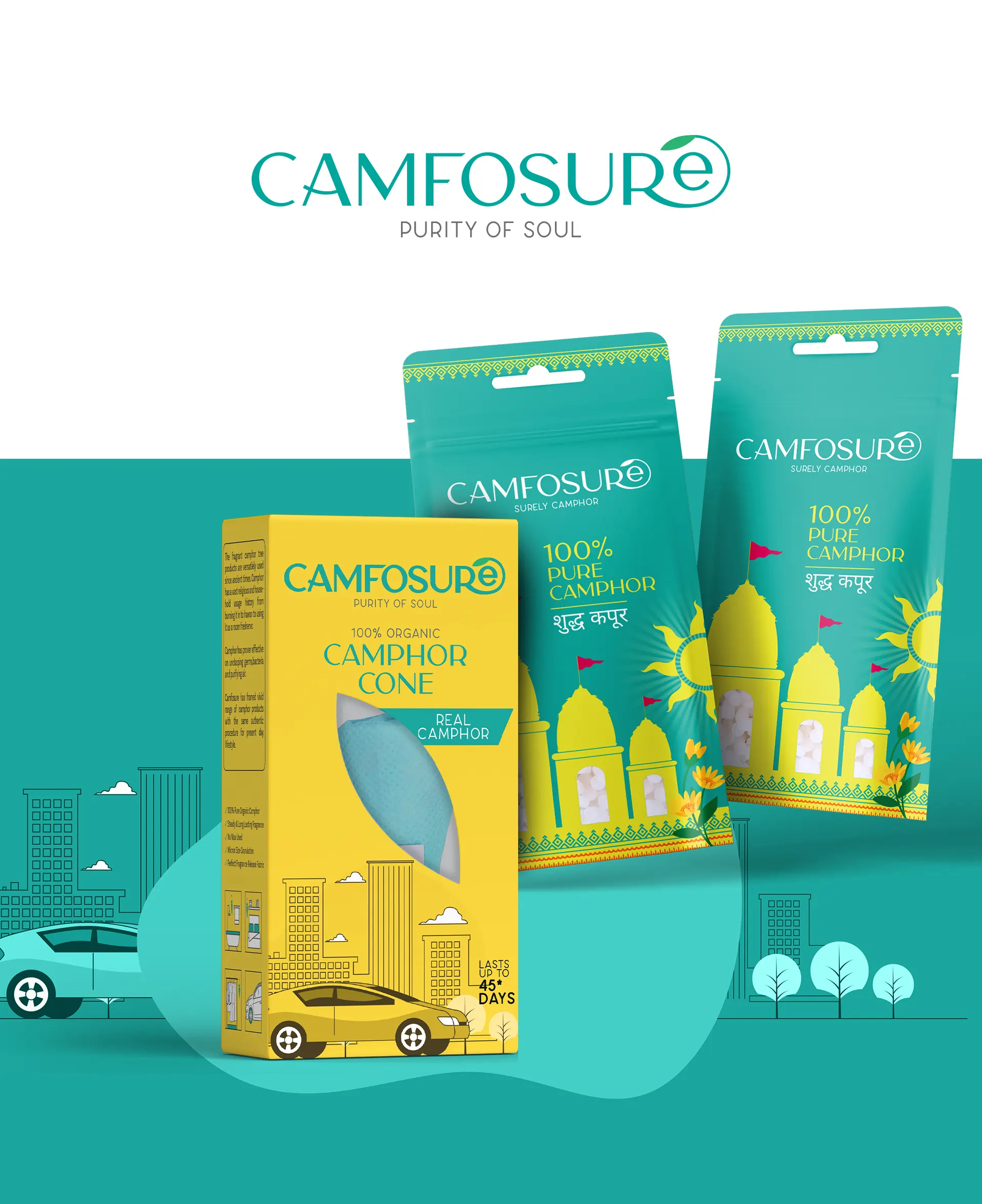 At Creativeline, a creative branding and packaging design agency in Gandhinagar, India, we developed the logo design and packaging design for Comfosure, a brand offering camphor-based air fresheners for cars and homes. The objective was to create a clean, modern, and refreshing brand identity that communicates purity, fragrance, and comfort. The logo and packaging design were crafted to highlight the product’s natural camphor essence while ensuring strong shelf visibility and a premium feel in the home and car fragrance category. As a trusted branding, logo design, and packaging design agency serving Gandhinagar and Ahmedabad, Creativeline specializes in building impactful product brands through strategic design and distinctive visual identity.