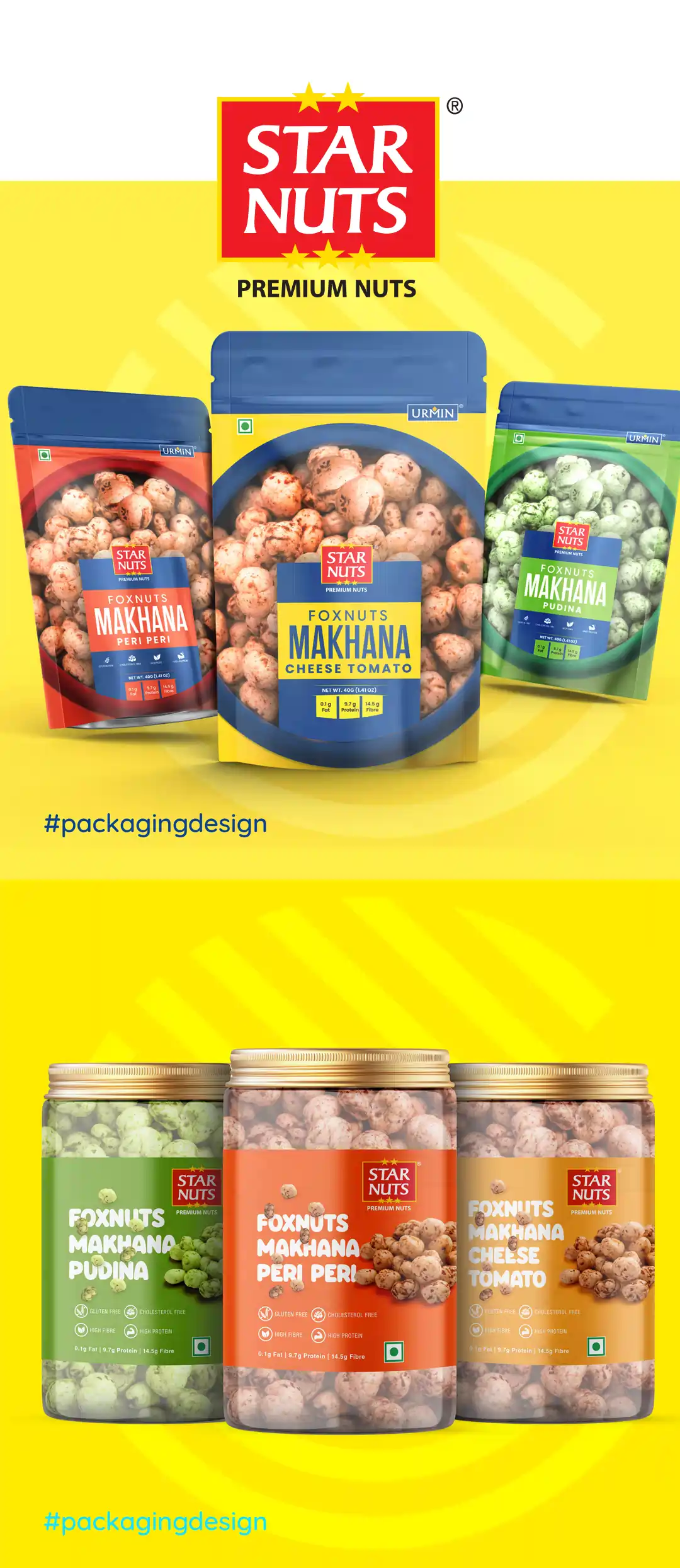 **Starnuts – Multi-Category Snack Packaging Design** For *Starnuts*, a modern snack brand offering a diverse range of products including **makhana (foxnuts), nut crackers, chikki, and namkeen**, **Creativeline** developed a dynamic and scalable **packaging design system** tailored for multiple categories. As a leading **packaging design agency in Ahmedabad & Gandhinagar, India**, our focus was to create a unified yet flexible brand presence across all SKUs. The design direction blends bold visuals with clean structuring to ensure each product category stands out while maintaining overall brand consistency. From health-focused makhana to indulgent snacks like chikki and namkeen, the packaging communicates both nutrition and taste appeal effectively. This project highlights our expertise in **makhana packaging design, nut snack packaging, chikki packaging design, namkeen packaging design, snack packaging design, and FMCG packaging design**, helping brands build strong shelf visibility and consumer connection. At **Creativeline**, we specialize in creating **versatile packaging systems and impactful brand experiences** that scale across product ranges and perform in competitive markets.