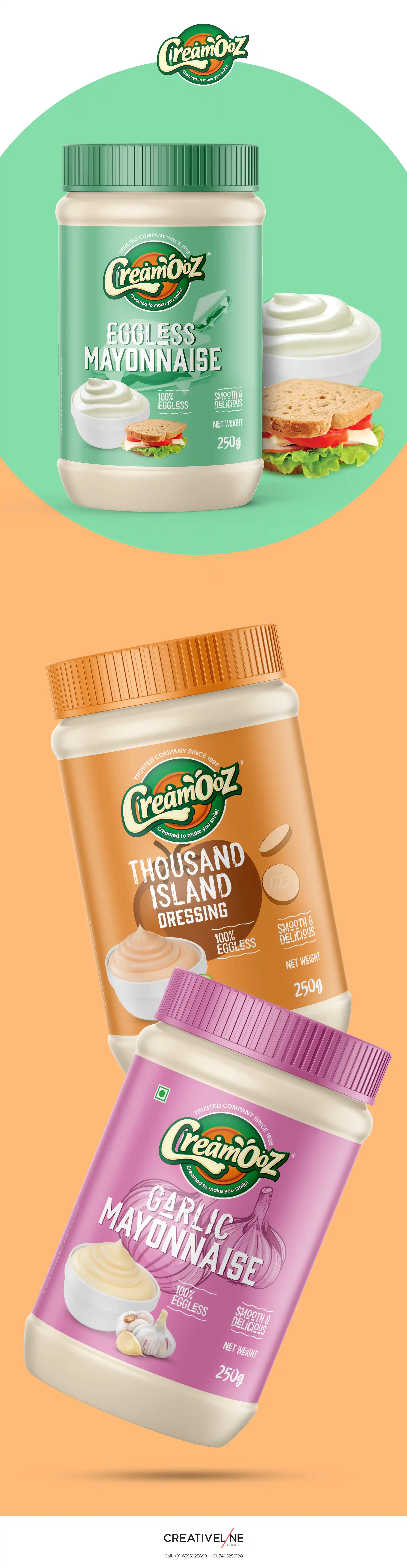 At Creativeline, a creative branding and packaging design agency in Gandhinagar, India, we developed the packaging design for Creamooz, a modern food brand offering delicious spreads like mayonnaisem, Thousand Island & many more. The objective was to create fresh, vibrant, and appetizing FMCG packaging design that highlights taste, creaminess, and quality. The design approach focuses on strong shelf appeal, clean layouts, and engaging visuals that attract consumers and enhance product desirability. As a trusted branding and packaging design agency serving Gandhinagar and Ahmedabad, Creativeline specializes in crafting impactful food packaging that builds strong brand presence and