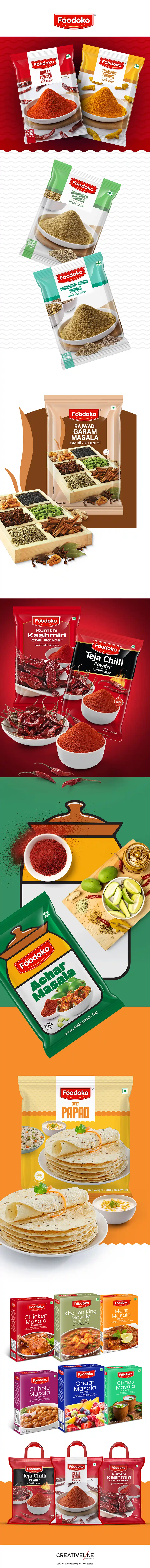 At Creativeline, a creative branding and packaging design agency in Gandhinagar, India, we developed the packaging design for Foodoko, an Indian spices brand offering a wide range of authentic masalas. The objective was to create bold and vibrant FMCG packaging design that reflects the richness, aroma, and authenticity of Indian spices. The design approach focuses on strong shelf appeal, clear product differentiation, and a modern layout that enhances visibility in retail environments. This project highlights our expertise in spices packaging design, masala packaging design, food packaging design, FMCG packaging design, and retail packaging design, ensuring the brand stands out in a competitive market. As a trusted branding and packaging design agency serving Gandhinagar and Ahmedabad, Creativeline specializes in building impactful food brands through strategic design and compelling visual storytelling.