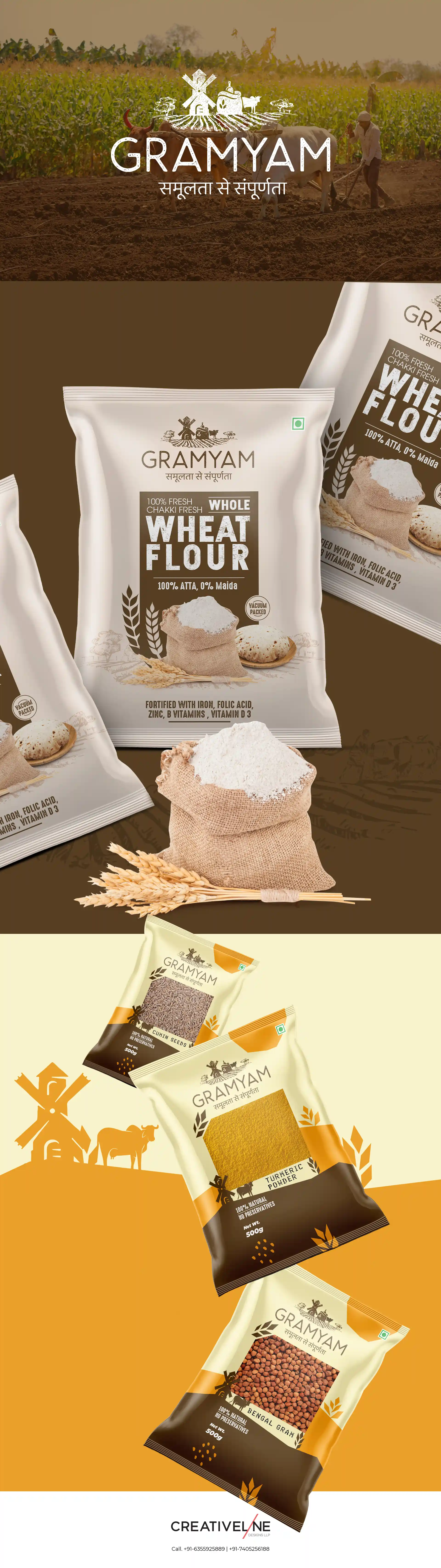 At Creativeline, a creative branding agency in Gandhinagar, India, we developed the logo design and packaging design for Gramyam, a traditional food brand offering essential grocery products such as atta (flour), spices, pulses, ghee, and everyday kitchen staples. The goal was to create an authentic and trustworthy brand identity that reflects purity, tradition, and the richness of Indian ingredients. The visual identity and packaging design were crafted to stand out on retail shelves while maintaining a warm, natural aesthetic aligned with the brand’s rural and wholesome positioning. As a branding, logo design, and packaging design agency serving Gandhinagar and Ahmedabad, Creativeline focuses on building impactful food and FMCG brands through thoughtful strategy and strong visual storytelling.