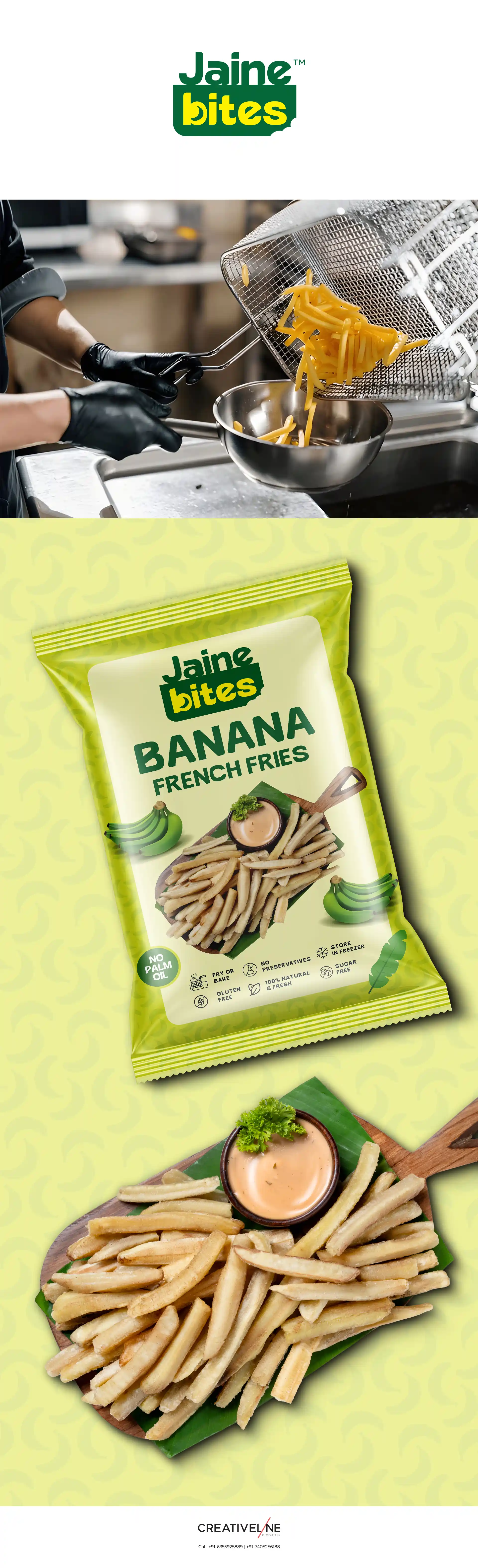**Jaine Bites – Logo & Packaging Design** At **Creativeline**, a creative **branding and packaging design agency in Gandhinagar, India**, we developed the **logo design and packaging design** for *Jaine Bites*, a snack brand offering delicious **banana fries**. The objective was to create a fun, vibrant, and appetizing brand identity that reflects taste, crunch, and on-the-go snacking. The **logo and packaging design** were crafted to attract attention on retail shelves while clearly communicating the product’s flavor and quality. This project highlights our expertise in **snack packaging design, chips packaging design, food branding, FMCG packaging design, and retail packaging design**, helping emerging brands stand out in a competitive market. As a trusted **branding, logo design, and packaging design agency serving Gandhinagar and Ahmedabad**, **Creativeline** specializes in building impactful food brands through strategic design and strong visual storytelling.