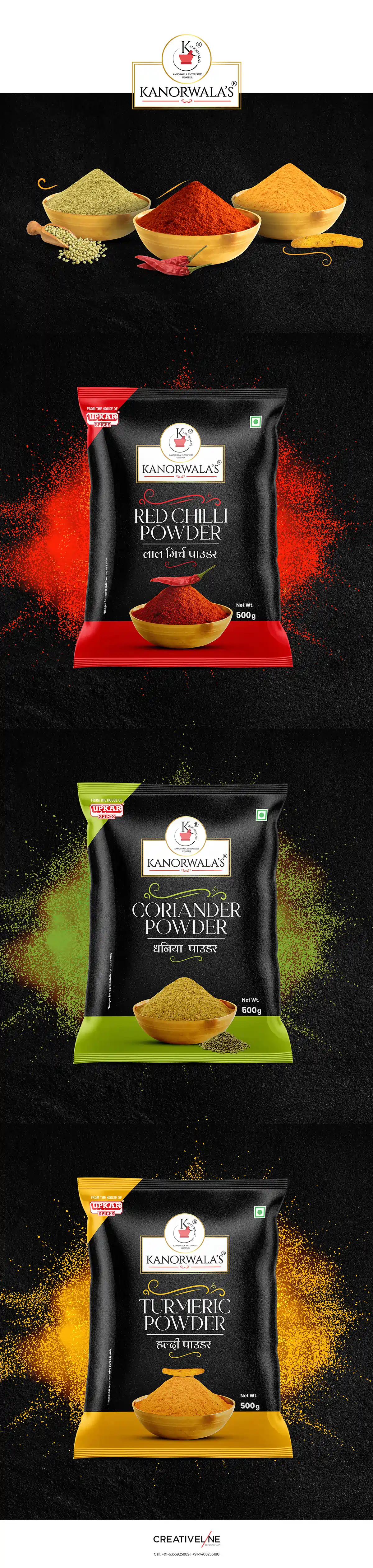 **Kanorwala’s – Packaging Design** At **Creativeline**, a creative **branding and packaging design agency in Gandhinagar, India**, we developed the **packaging design** for *Kanorwala’s*, a spices brand offering essential products like **chilli powder, turmeric powder, and coriander powder**. The objective was to create bold and authentic **FMCG packaging design** that reflects the richness, purity, and aroma of Indian spices. The design approach focuses on strong shelf appeal, vibrant color coding for easy product identification, and clear communication to enhance consumer trust. This project highlights our expertise in **spices packaging design, masala packaging design, food packaging design, FMCG packaging design, and retail packaging design**, helping the brand stand out in a competitive market. As a trusted **branding and packaging design agency serving Gandhinagar and Ahmedabad**, **Creativeline** specializes in building impactful food brands through strategic design and compelling visual storytelling.