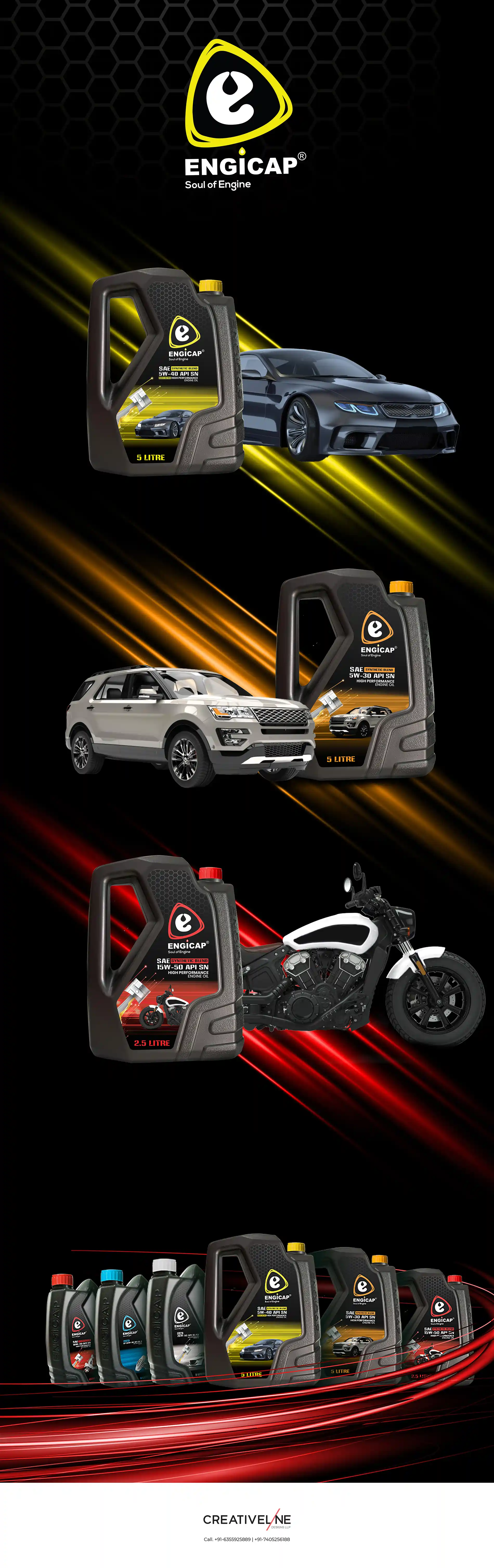 At Creativeline, a creative branding and packaging design agency in Gandhinagar, India, we developed the packaging design for Engicap, a premium engine oil brand engineered for performance and reliability. The objective was to create bold and high-impact packaging design that reflects power, precision, and advanced technology. The design approach focuses on strong visual hierarchy, modern aesthetics, and clear product communication to stand out in the competitive automotive market. As a leading branding and packaging design agency serving Gandhinagar and Ahmedabad, Creativeline specializes in crafting distinctive packaging solutions that elevate product perception and strengthen brand presence.