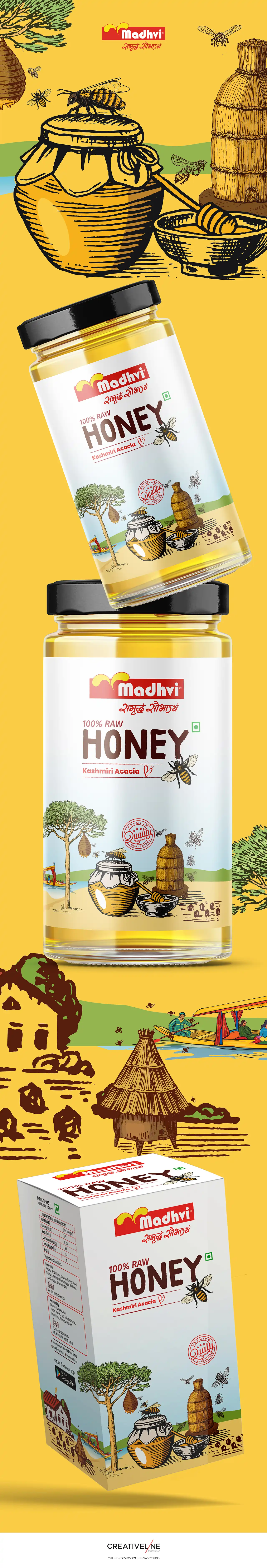 **Madhvi Dairy – Kashmir Honey Packaging Design** For *Madhvi Dairy*, **Creativeline** crafted a premium **honey packaging design** for their **Kashmir honey**, focusing on purity, origin, and authenticity. As a creative **packaging design agency in Ahmedabad and Gandhinagar, India**, our approach was to reflect the richness and natural essence of honey sourced from the pristine regions of Kashmir. The design direction blends elegance with a nature-inspired aesthetic, using warm tones, refined typography, and subtle visual storytelling to communicate quality and trust. The packaging not only enhances shelf appeal but also positions the product as a premium and authentic choice for consumers. This project showcases our expertise in **honey packaging design, food packaging design, premium packaging, FMCG packaging design, and natural product branding**, helping brands elevate their market presence. At **Creativeline**, we specialize in delivering **strategic packaging design and branding solutions** that connect products with consumers through impactful and meaningful design.
