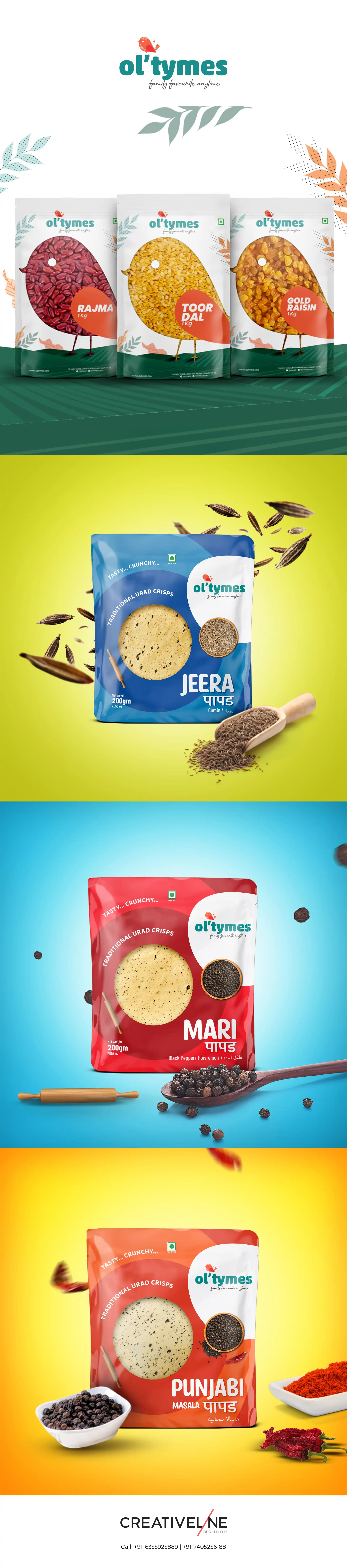 **Ol’tymes – Grocery & Snack Packaging Design** For *Ol’tymes*, a modern **grocery brand**, **Creativeline** developed a versatile **packaging design system** covering a wide range of products including **grocery essentials, khakhra, and papad**. As a leading **packaging design agency in Ahmedabad & Gandhinagar, India**, our focus was to create a cohesive identity that works seamlessly across multiple categories. The design approach blends traditional Indian food aesthetics with a clean, contemporary layout to enhance product appeal and readability. Each pack is crafted to ensure strong shelf visibility, easy product differentiation, and a consistent brand presence across SKUs. This project demonstrates our expertise in **grocery packaging design, khakhra packaging design, papad packaging design, traditional snack packaging, FMCG packaging design, and retail packaging solutions**, helping brands build trust and recognition in competitive markets. At **Creativeline**, we specialize in creating **scalable packaging systems and brand identities** that grow with your product range and connect effectively with modern consumers.