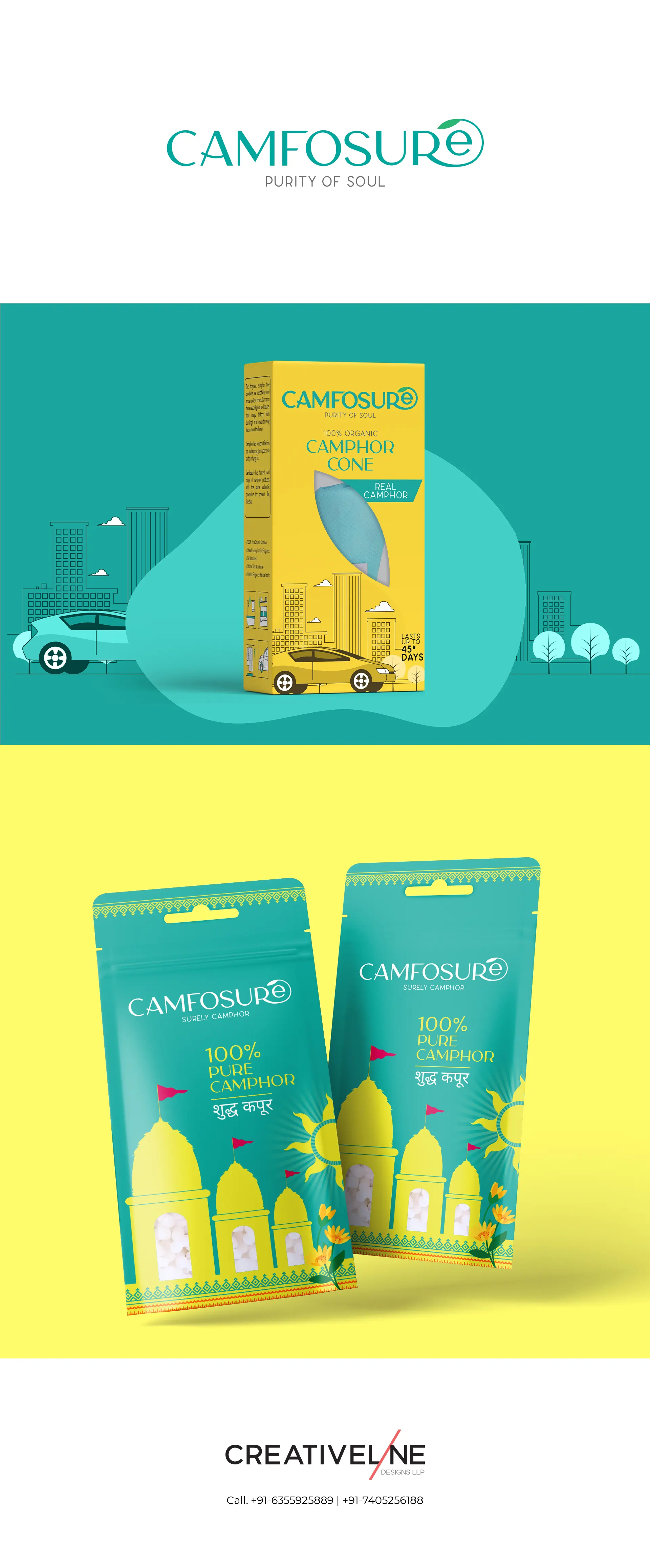 At Creativeline, a creative branding and packaging design agency in Gandhinagar, India, we developed the logo design and packaging design for Comfosure, a brand offering camphor-based air fresheners for cars and homes. The objective was to create a clean, modern, and refreshing brand identity that communicates purity, fragrance, and comfort. The logo and packaging design were crafted to highlight the product’s natural camphor essence while ensuring strong shelf visibility and a premium feel in the home and car fragrance category. As a trusted branding, logo design, and packaging design agency serving Gandhinagar and Ahmedabad, Creativeline specializes in building impactful product brands through strategic design and distinctive visual identity.