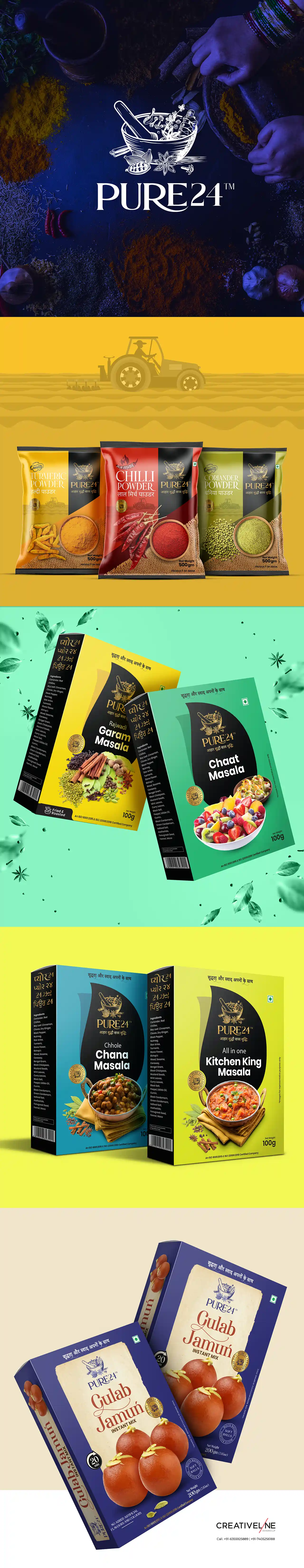 **Pure 24 – Packaging Design** At **Creativeline**, a creative **branding and packaging design agency in Gandhinagar, India**, we developed the **packaging design** for *Pure 24*, a spices brand offering **blended spices, chilli powder, turmeric powder, and coriander powder**. The objective was to create clean, bold, and authentic **FMCG packaging design** that reflects purity, freshness, and rich Indian flavors. The design approach focuses on strong shelf appeal, clear product differentiation, and a modern visual system that enhances brand recognition. This project showcases our expertise in **spices packaging design, masala packaging design, blended spices packaging, food packaging design, and FMCG packaging design**, helping the brand stand out in a competitive market. As a trusted **branding and packaging design agency serving Gandhinagar and Ahmedabad**, **Creativeline** specializes in building impactful food brands through strategic design and compelling visual storytelling.