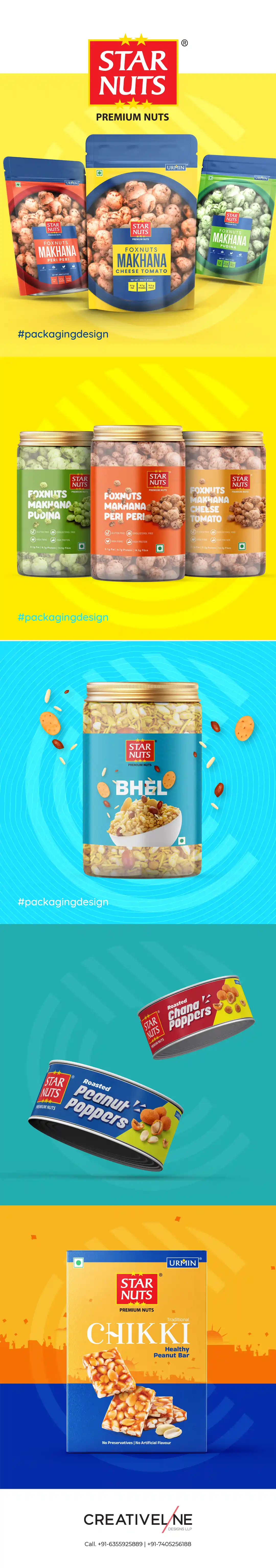 **Starnuts – Multi-Category Snack Packaging Design** For *Starnuts*, a modern snack brand offering a diverse range of products including **makhana (foxnuts), nut crackers, chikki, and namkeen**, **Creativeline** developed a dynamic and scalable **packaging design system** tailored for multiple categories. As a leading **packaging design agency in Ahmedabad & Gandhinagar, India**, our focus was to create a unified yet flexible brand presence across all SKUs. The design direction blends bold visuals with clean structuring to ensure each product category stands out while maintaining overall brand consistency. From health-focused makhana to indulgent snacks like chikki and namkeen, the packaging communicates both nutrition and taste appeal effectively. This project highlights our expertise in **makhana packaging design, nut snack packaging, chikki packaging design, namkeen packaging design, snack packaging design, and FMCG packaging design**, helping brands build strong shelf visibility and consumer connection. At **Creativeline**, we specialize in creating **versatile packaging systems and impactful brand experiences** that scale across product ranges and perform in competitive markets.