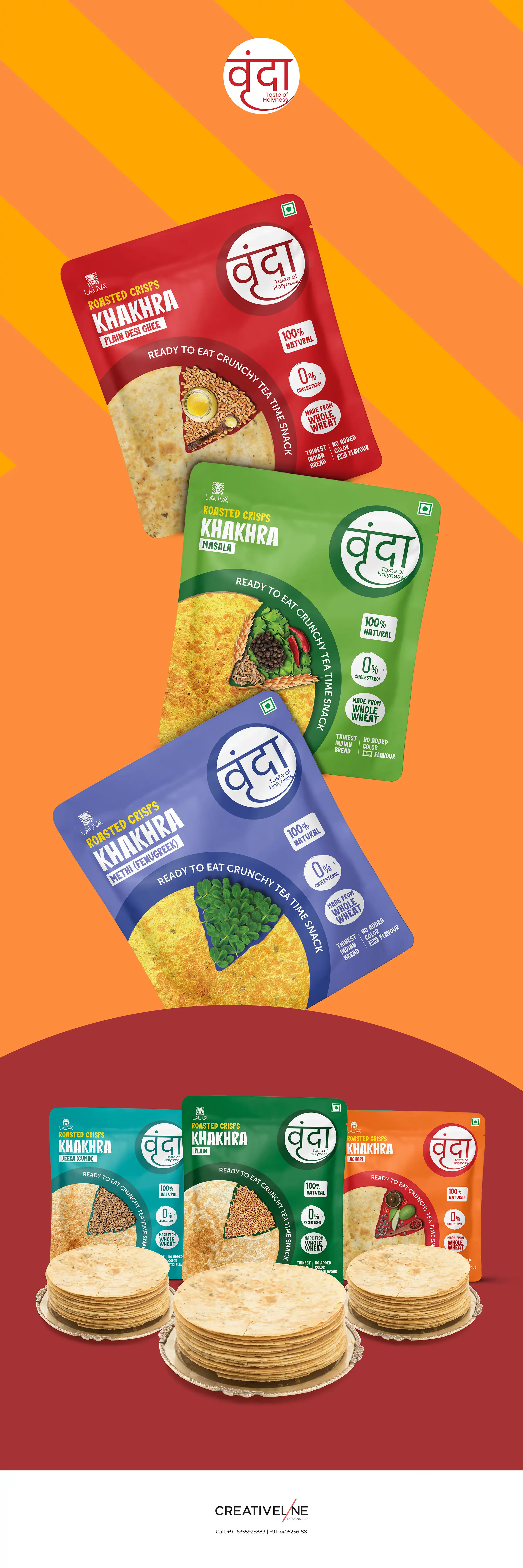 **Vrunda – Khakhra Packaging Design** At **Creativeline**, a creative **branding and packaging design agency in Gandhinagar, India**, we developed the **packaging design** for *Vrunda*, a brand offering traditional Gujarati snacks like **khakhra**. The objective was to create authentic and appealing **FMCG packaging design** that reflects the taste, tradition, and everyday snacking culture of Gujarat. The design approach blends traditional elements with a clean and modern layout to ensure strong shelf presence and easy product recognition. This project highlights our expertise in **khakhra packaging design, traditional snack packaging, food packaging design, FMCG packaging design, and retail packaging design**, helping the brand connect with both local and modern consumers. As a trusted **branding and packaging design agency serving Gandhinagar and Ahmedabad**, **Creativeline** specializes in building impactful food brands through strategic design and compelling visual storytelling.