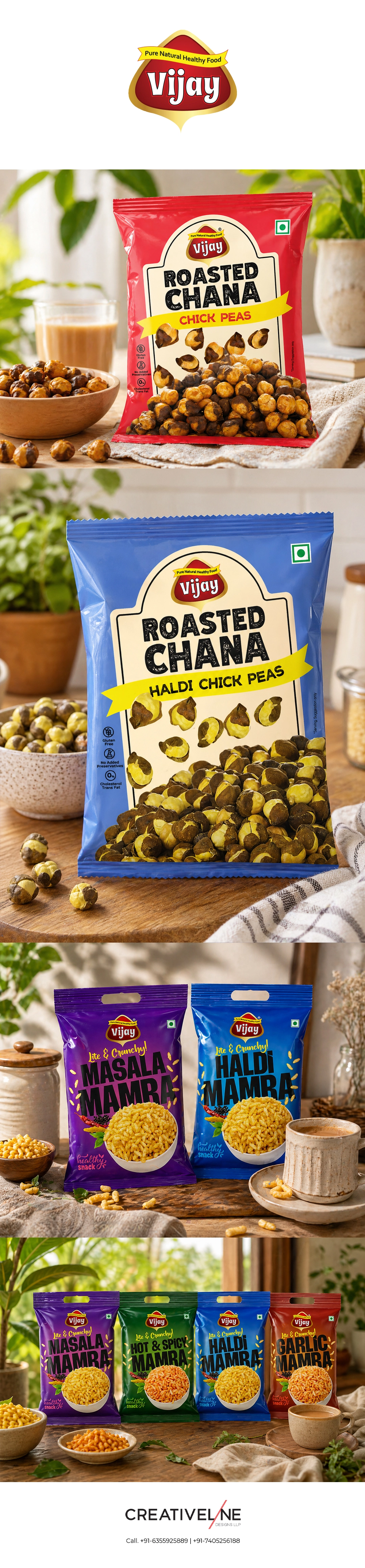 Designed a visually compelling and market-ready packaging for Vijay Mamra, focusing on traditional Indian snacks like mamra and roasted chana. The objective was to create a clean, attractive, and shelf-impact design that reflects freshness, quality, and trust while appealing to modern consumers. The packaging combines vibrant colors, clear typography, and structured layout to enhance product visibility and brand recall. Special attention was given to maintaining a balance between traditional snack identity and contemporary branding aesthetics, making the product stand out in competitive retail environments. From concept to execution, this project highlights our expertise in creating functional and visually appealing packaging solutions that drive customer attention and brand recognition. Keywords (SEO Optimized) Creativeline, design agency, packaging design, logo design, branding, design studio, Ahmedabad, Gandhinagar, India, FMCG packaging, snack packaging design, mamra packaging, roasted chana packaging, food branding, product packaging design, creative packaging, Indian snacks branding, brand identity design